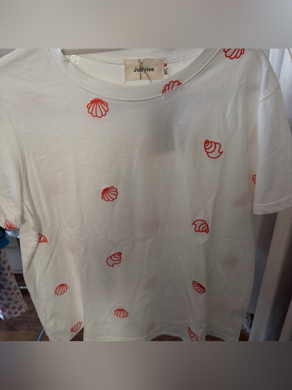 New White Tee with  Shell Embroidery